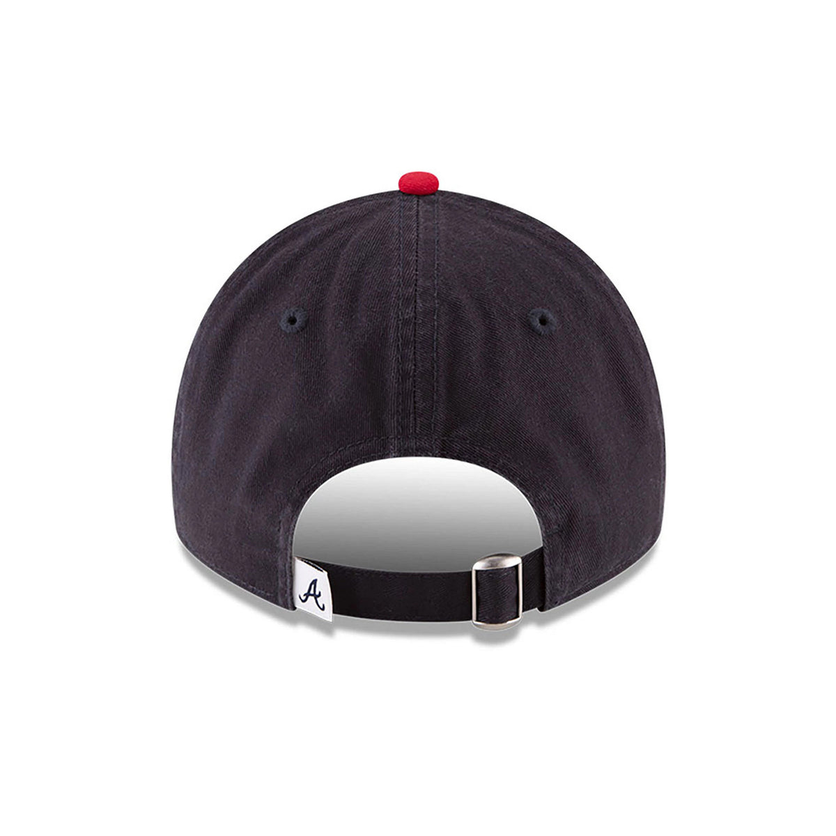 Atlanta Braves MLB Core Classic Navy and Red New Era 9TWENTY Adjustable Cap, rear view showing the small A logo on the white fabric strap tag and a red top button, set against a navy crown with matching eyelets.