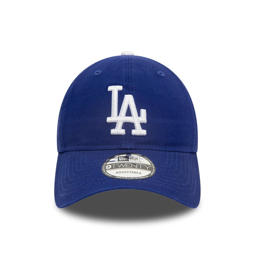 LA Dodgers MLB Core Classic Dark Blue New Era 9TWENTY Adjustable Cap, front view showing raised white LA logo embroidery on the structured dark blue crown and a 9TWENTY size sticker on the lightly curved visor.