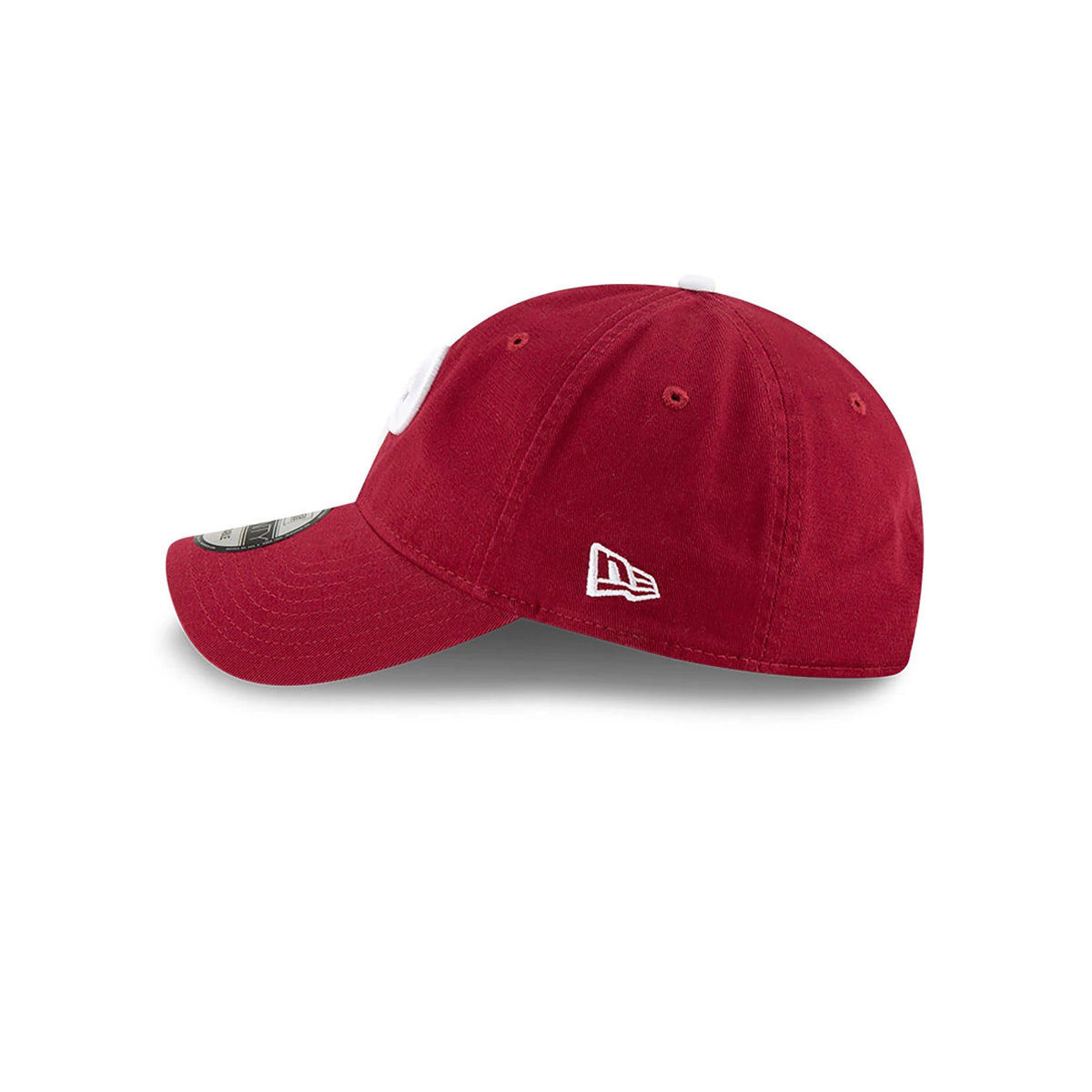 Philadelphia Phillies MLB Core Classic Red New Era 9TWENTY Adjustable Cap, side view showing the embroidered New Era flag logo on the left side, with a curved visor and 9TWENTY size sticker atop.