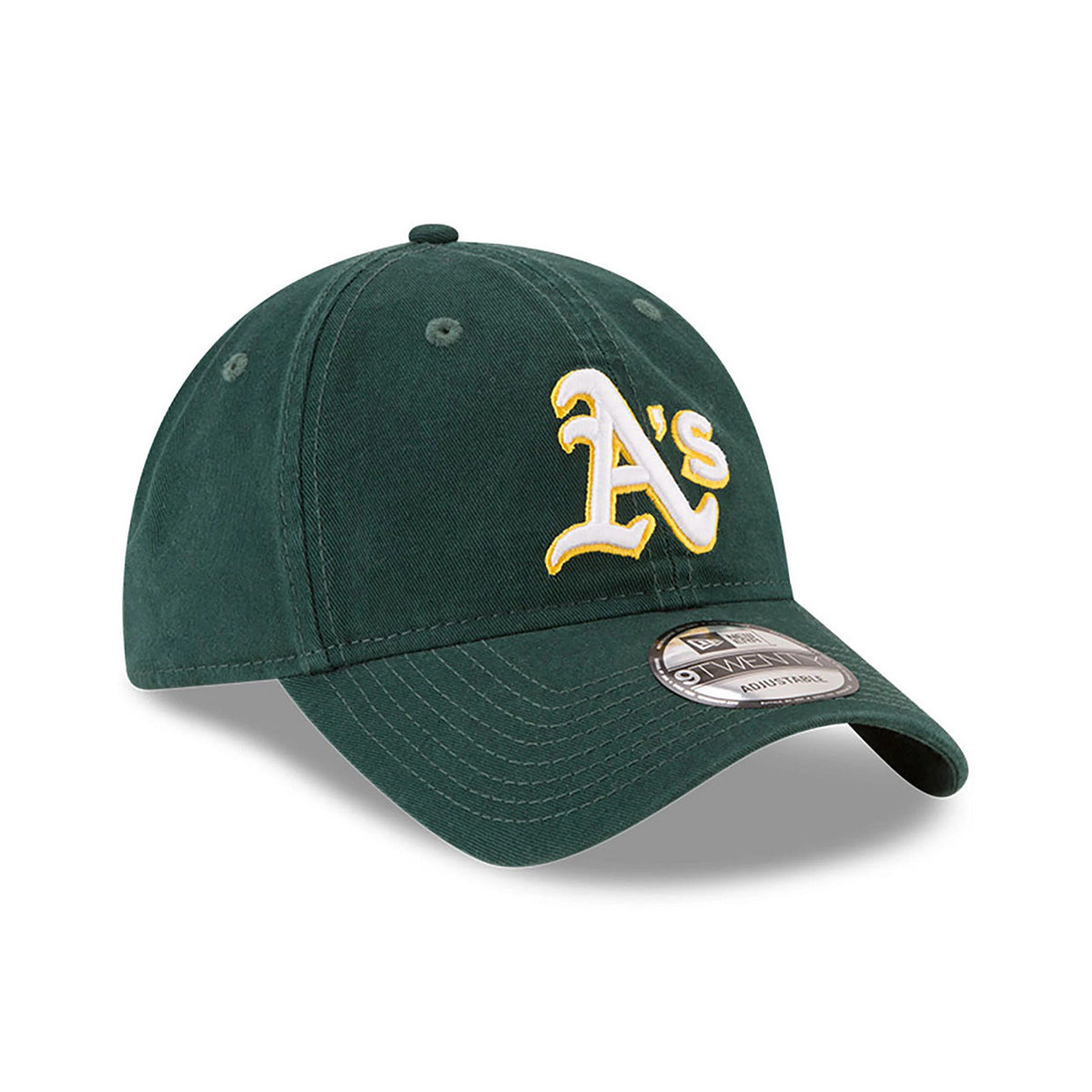 Athletics MLB Core Classic Dark Green New Era 9TWENTY Adjustable Cap, three-quarter view showing the raised white and yellow embroidered A's logo on the front panel, with a curved visor and a 9TWENTY size sticker on top.