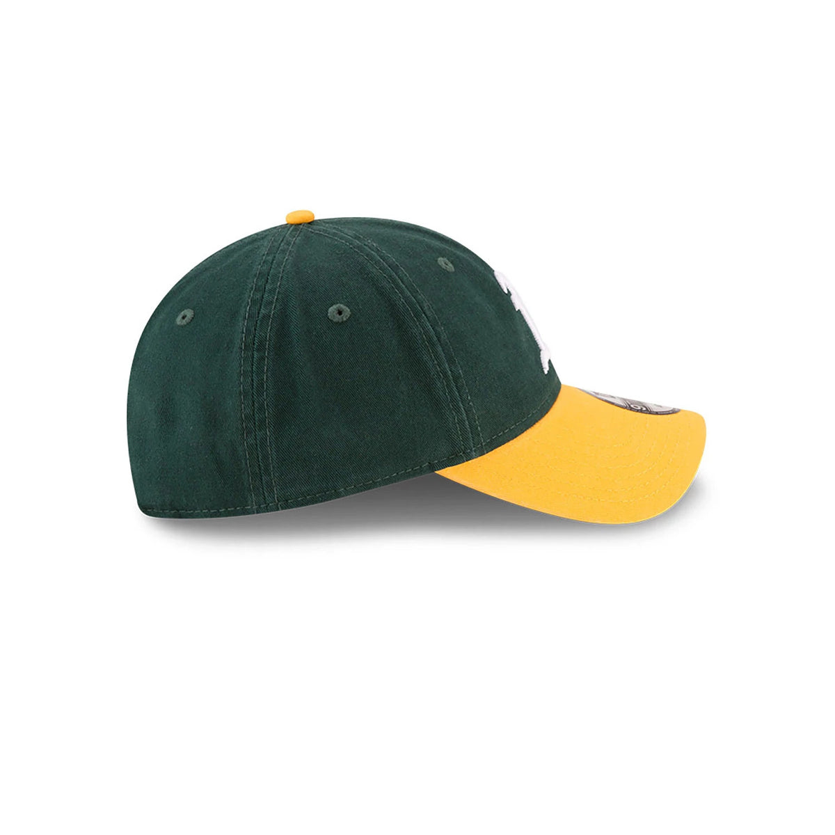Athletics MLB Core Classic Dark Green and Yellow New Era 9TWENTY Adjustable Cap, side view showing the embroidered white A logo on the dark green crown, with a yellow visor and top button.
