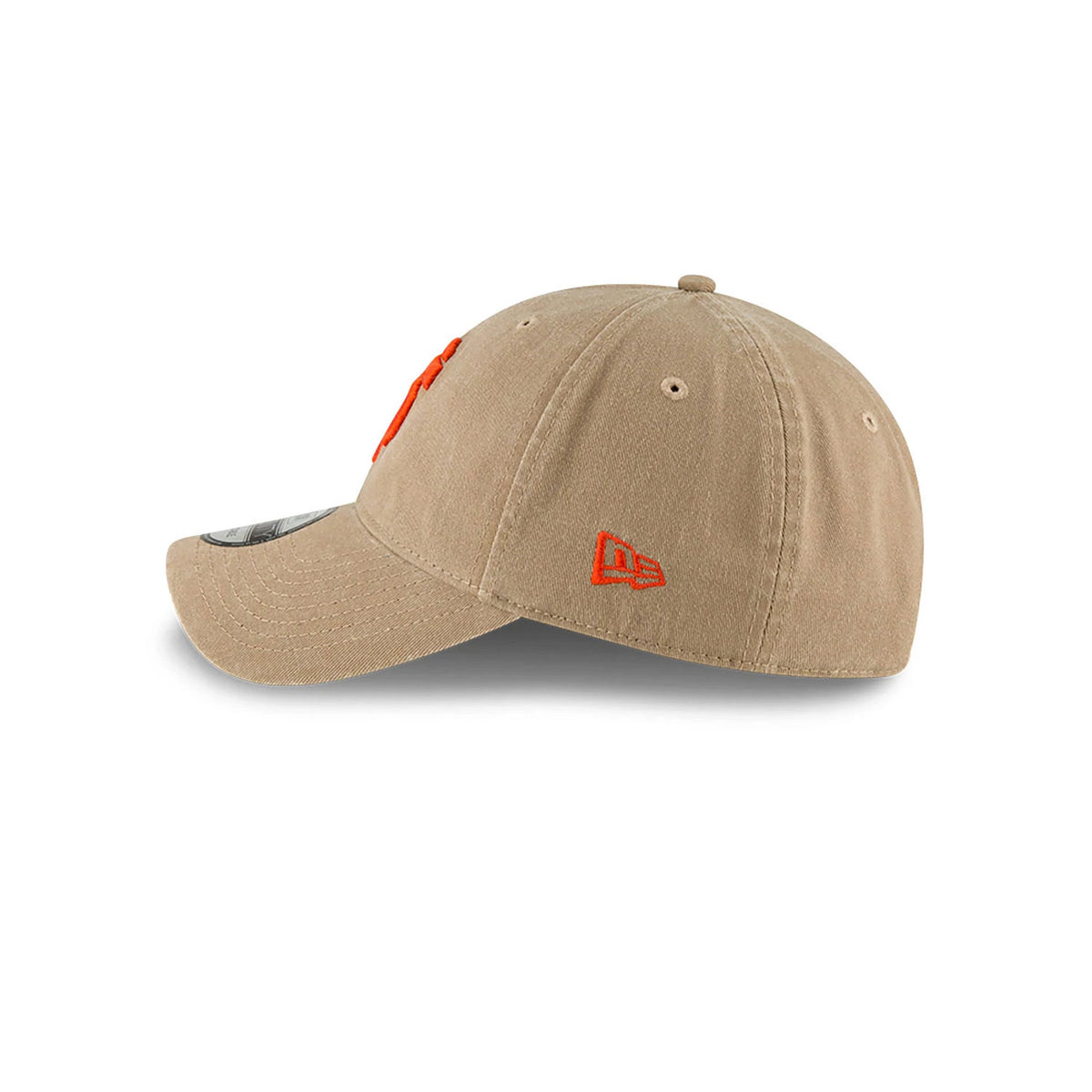 San Francisco Giants MLB Core Classic Beige New Era 9TWENTY Adjustable Cap, side view showing the orange New Era flag logo on the left side, with a curved visor and embroidered eyelets on the beige crown.