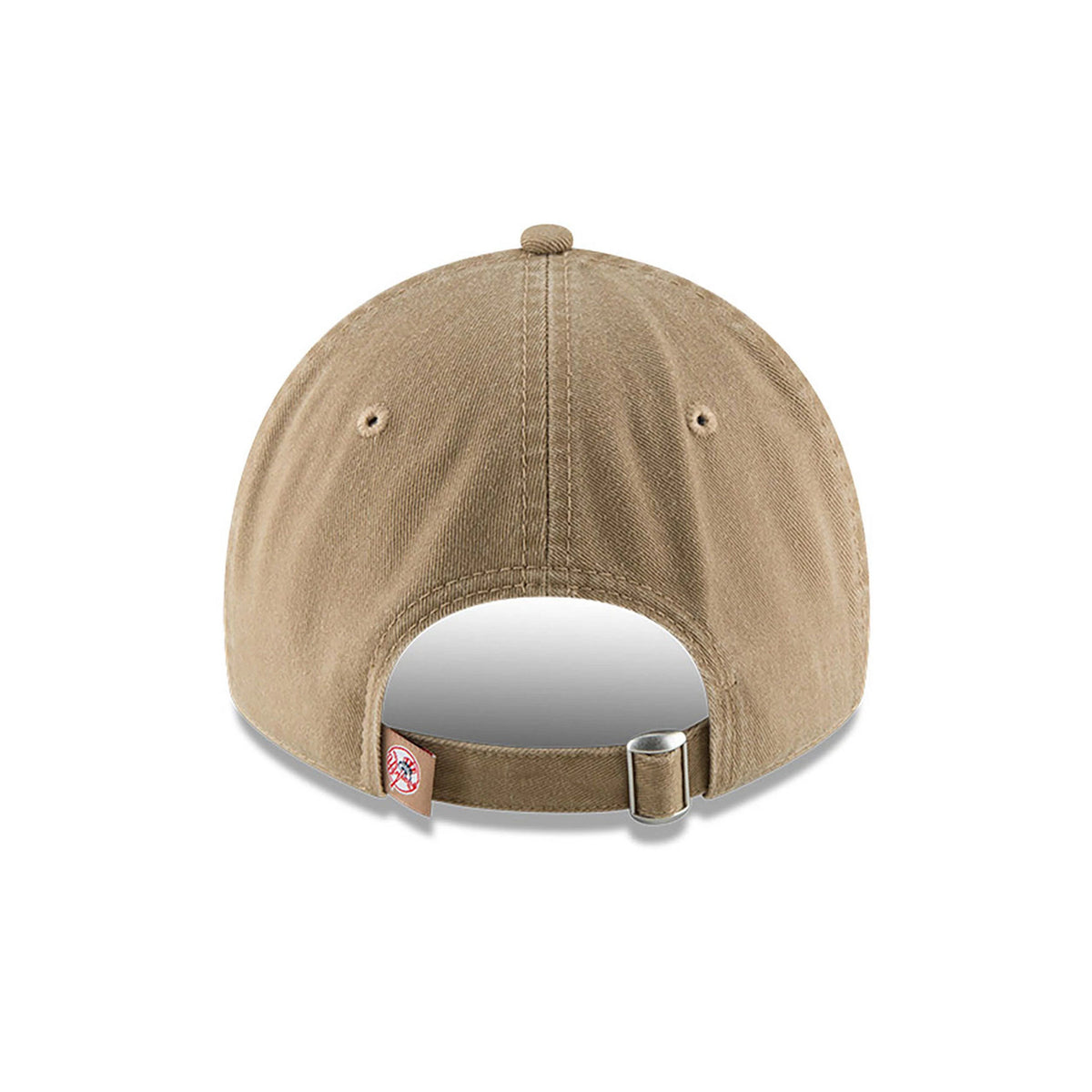 New York Yankees MLB Core Classic Beige New Era 9TWENTY Adjustable Cap, rear view showing the embroidered team logo on the side of the adjustable strap, curved visor and top button centred on the low-profile beige crown.