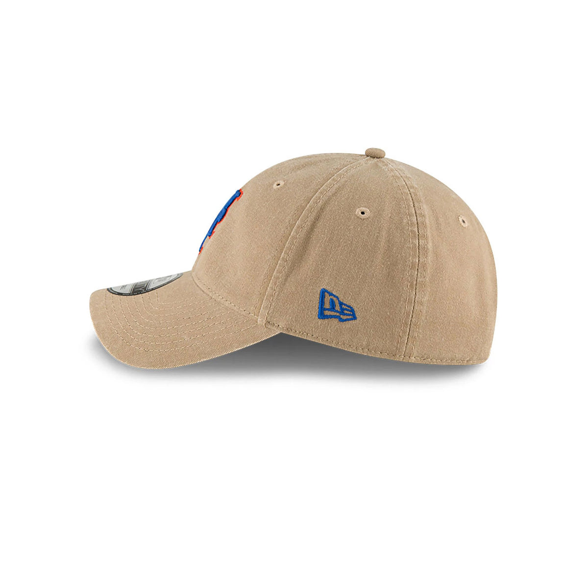 New York Mets MLB Core Classic Beige New Era 9TWENTY Adjustable Cap, side view showing the blue embroidered New Era flag logo on the left side, with a curved visor and a structured beige crown.
