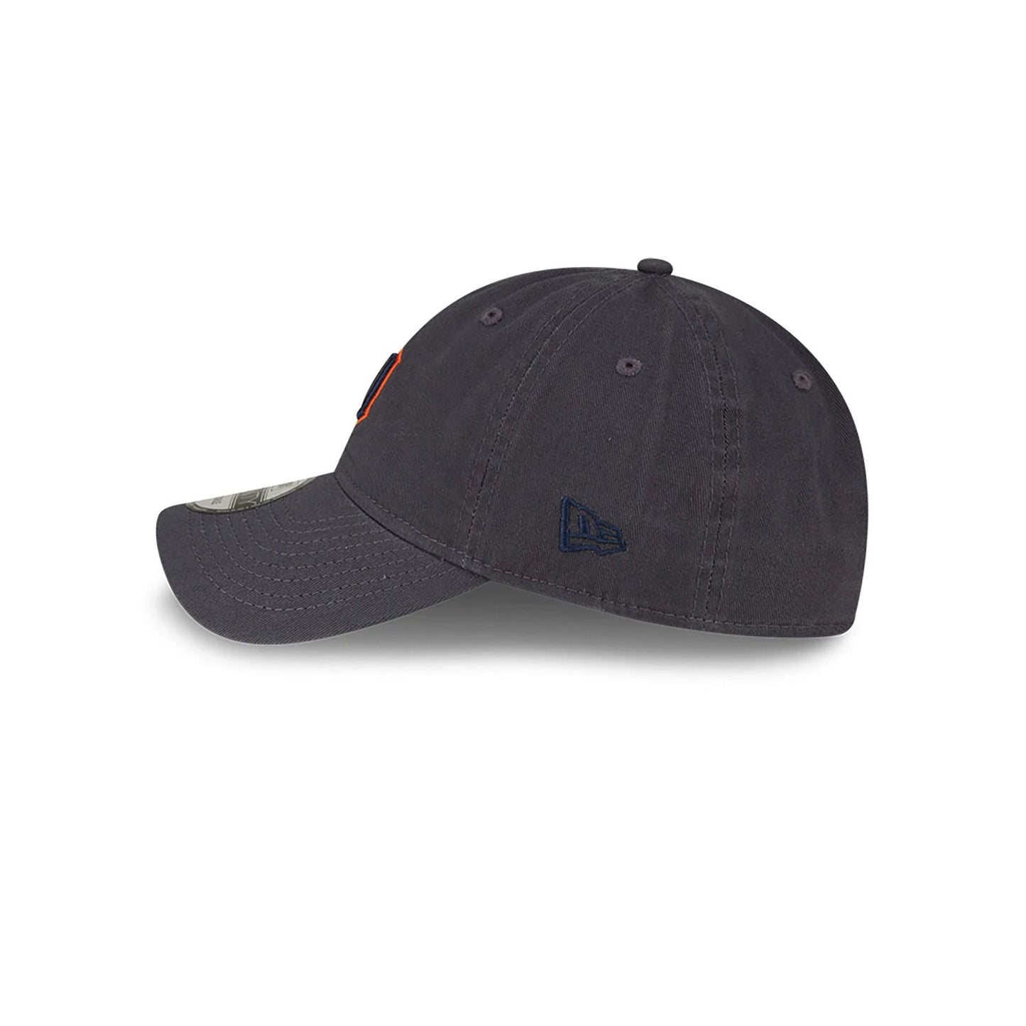 Detroit Tigers MLB Core Classic Dark Grey New Era 9TWENTY Adjustable Cap, side view showing the embroidered New Era flag logo on the left side, with an unstructured dark grey crown and curved visor.