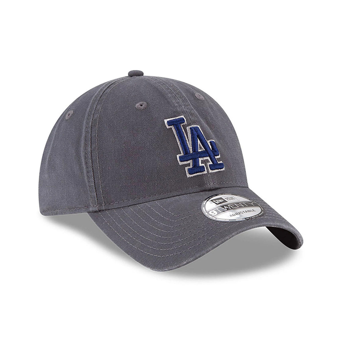 LA Dodgers MLB Core Classic Grey New Era 9TWENTY Adjustable Cap, three-quarter view showing the blue embroidered LA logo on the front panel and the curved visor with a grey 9TWENTY size sticker.