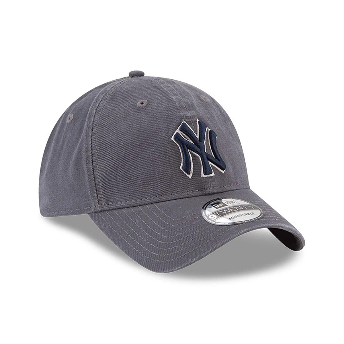New York Yankees MLB Core Classic Grey New Era 9TWENTY Adjustable Cap, three-quarter view featuring the raised embroidered navy NY logo on the front panel, curved visor with white stitching, and grey 9TWENTY size sticker.