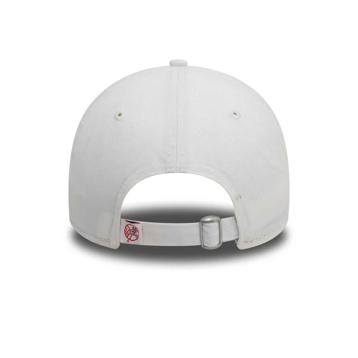 New York Yankees MLB Core Classic White New Era 9TWENTY Adjustable Cap, rear view showing the structured white crown with the adjustable strap featuring a red embroidered Yankees logo tag and silver closure buckle.