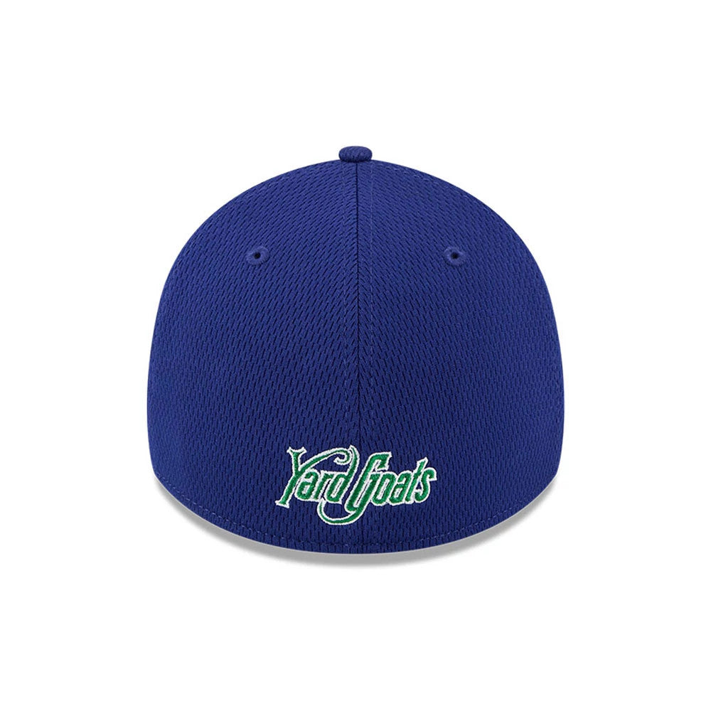 Yard Goats MiLB Batting Practice Dark Blue New Era 39THIRTY Stretch Fit Cap, rear view showing the Yard Goats logo embroidered in green and white across the centre of the structured dark blue crown.