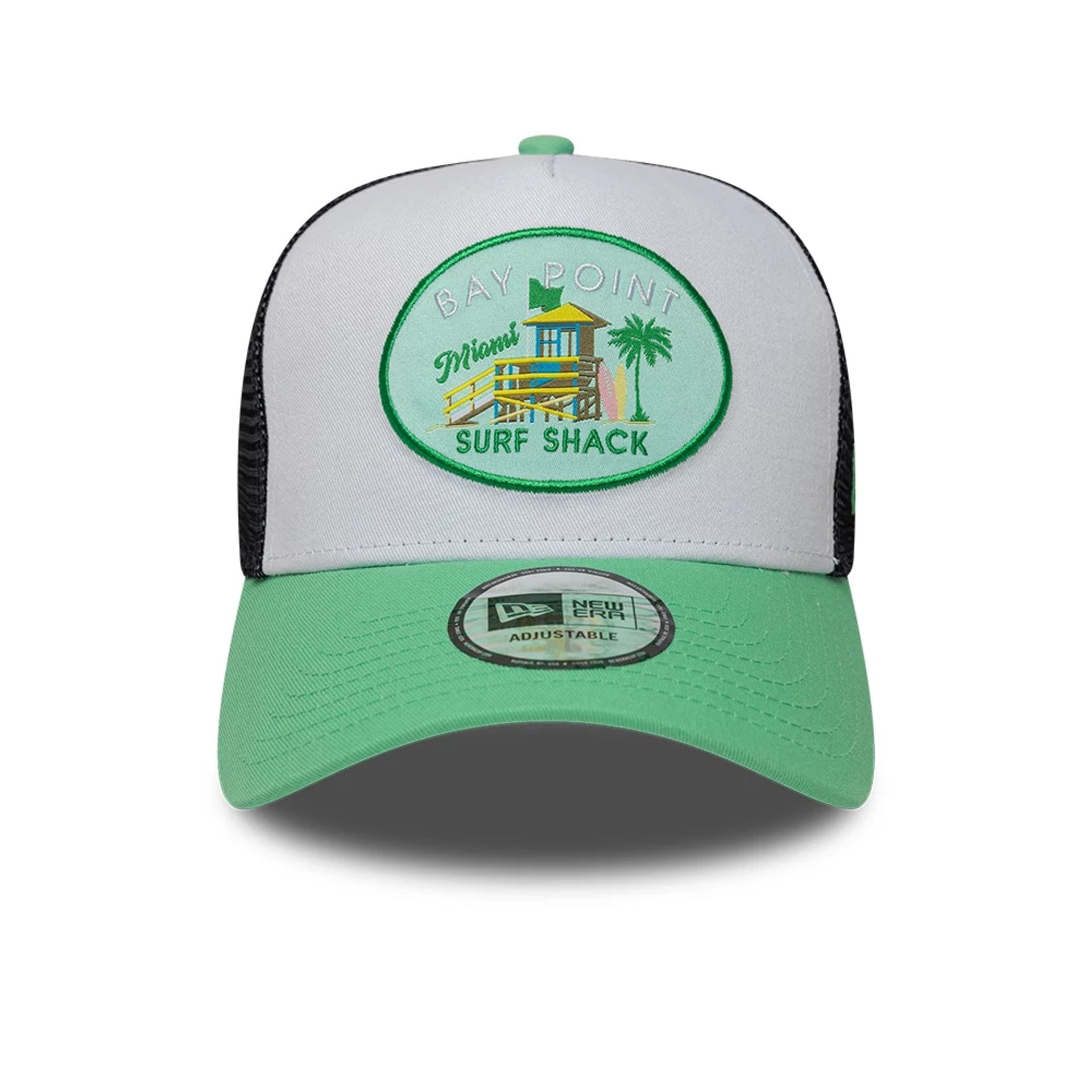 Pictured is this New Era Location Icon 9FORTY A-Frame Trucker Adjustable cap in open green. 2