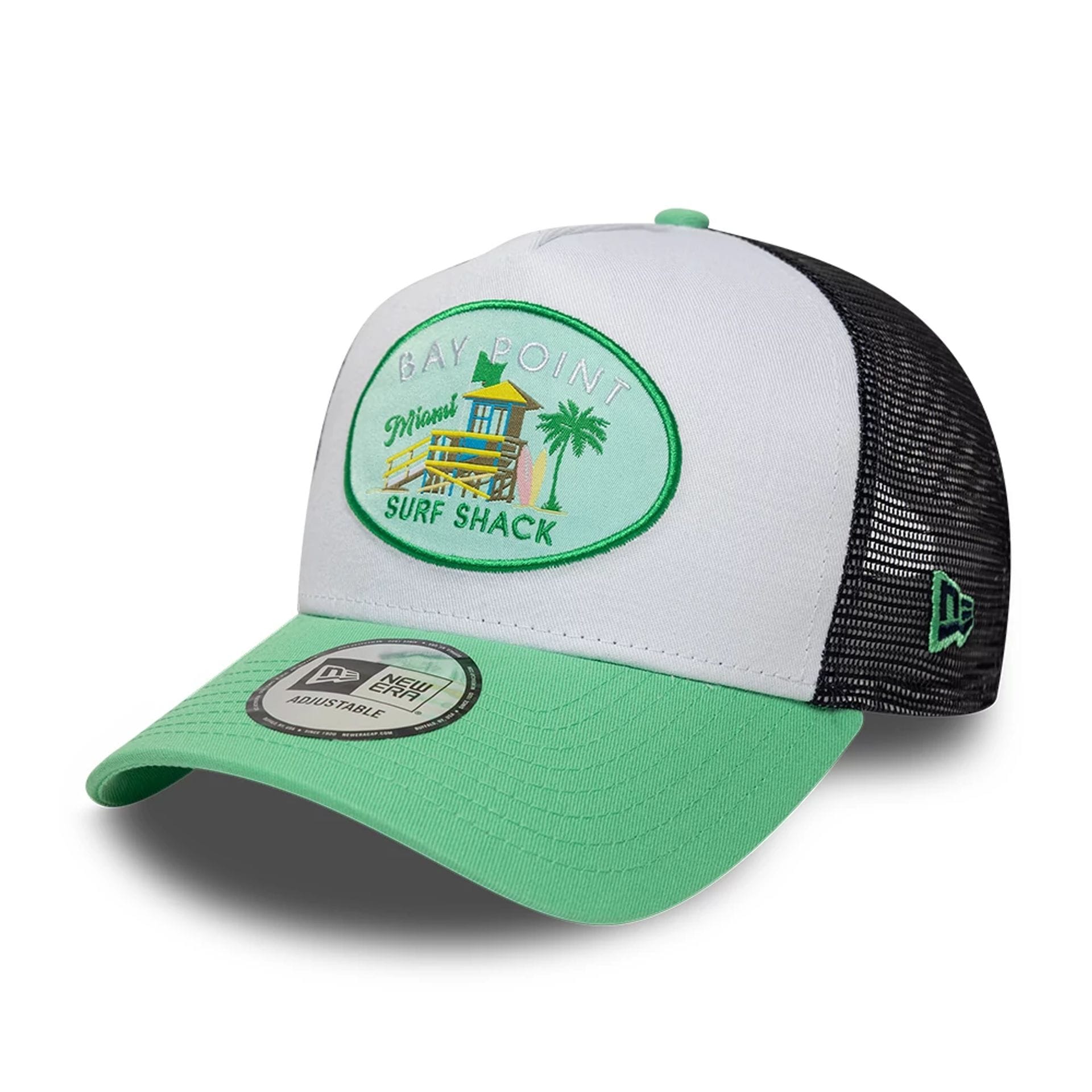 Pictured is this New Era Location Icon 9FORTY A-Frame Trucker Adjustable cap in open green. 1