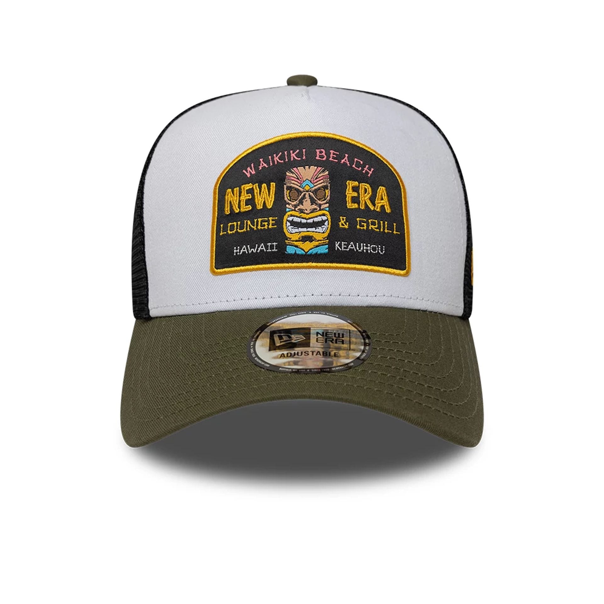 Pictured is this New Era Location Icon 9FORTY A-Frame Trucker Adjustable cap in green. 2