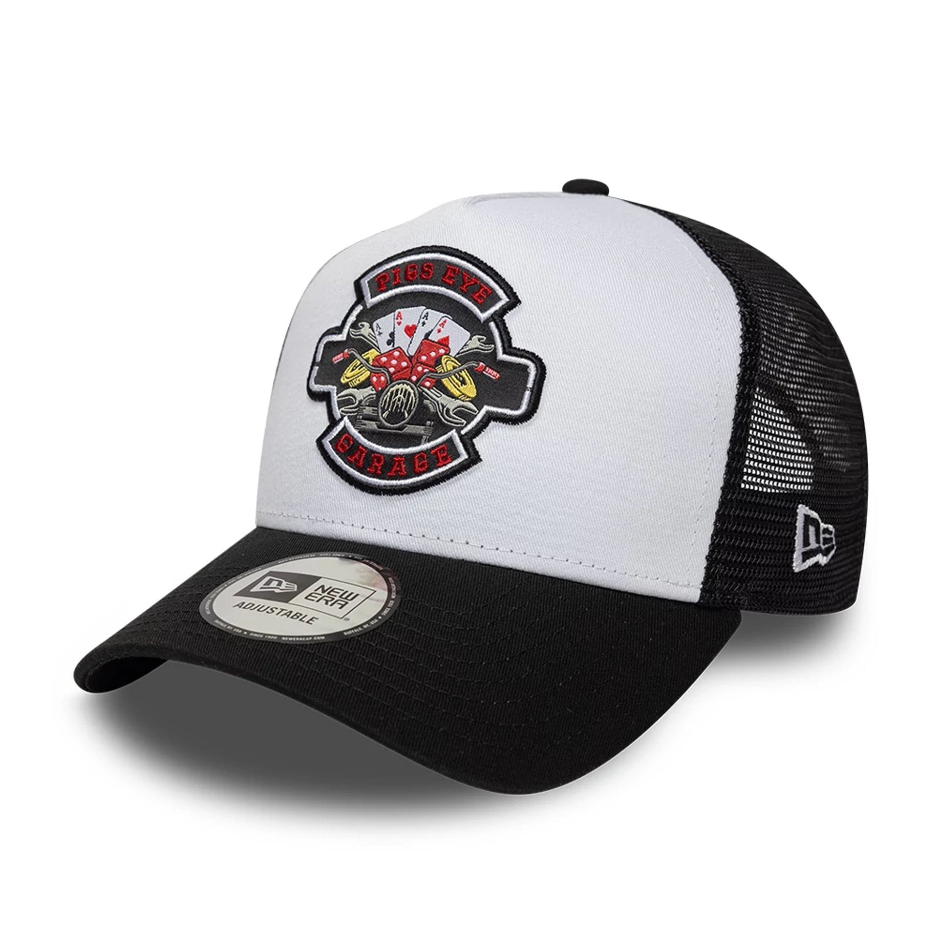 Pictured is this New Era Location Icon 9FORTY A-Frame Trucker Adjustable cap in black. 1