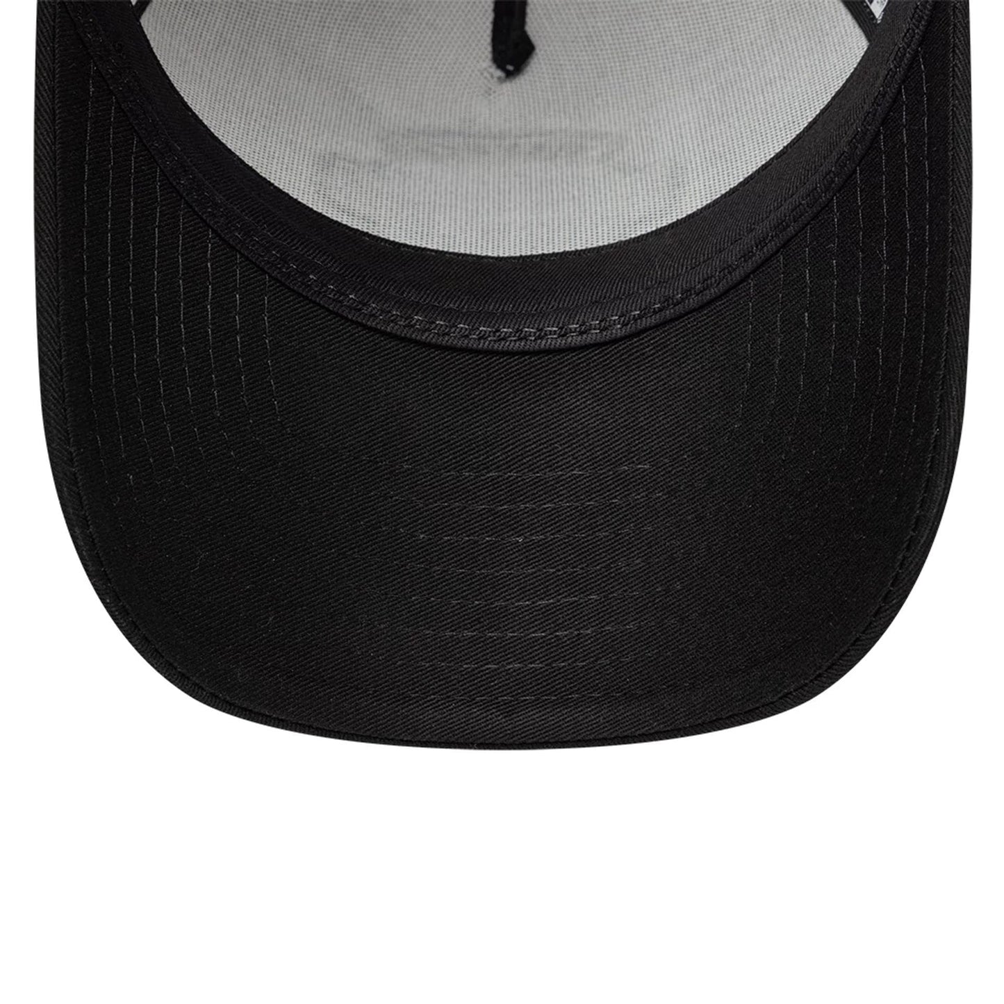 Pictured is this New Era Location Icon 9FORTY A-Frame Trucker Adjustable cap in black. 7