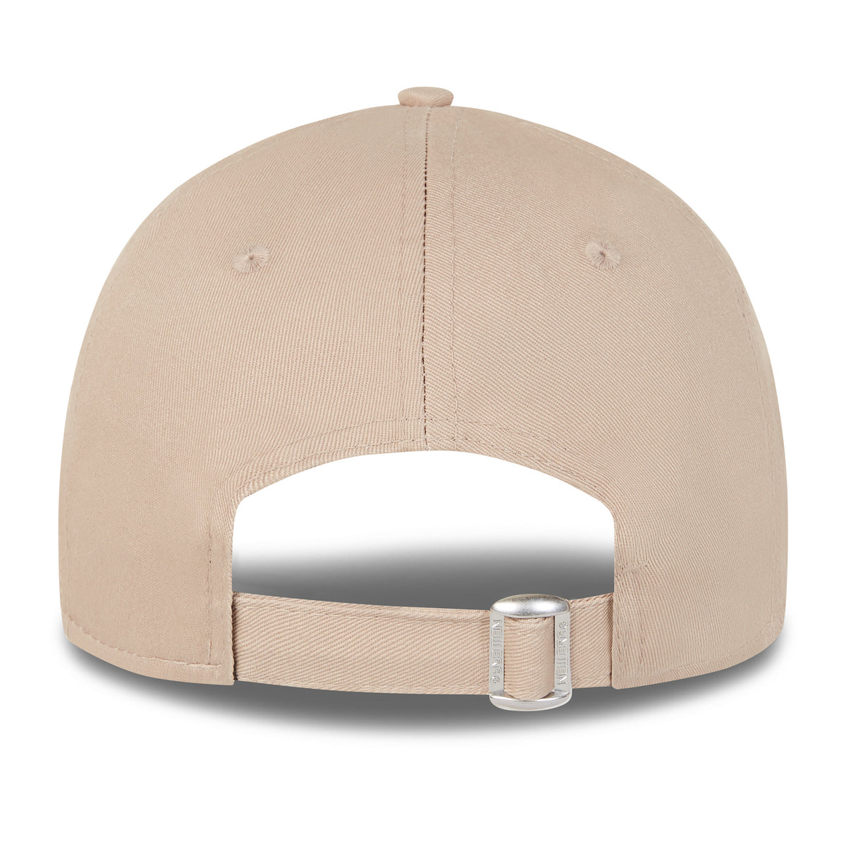 New York Yankees MLB Colour Essentials Beige New Era 9FORTY Cap, rear view showing an adjustable strap with silver clasp and top button, highlighting the smooth beige fabric across the back panels.