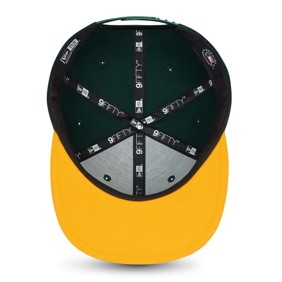 Athletics MLB Essential Dark Green New Era 9FIFTY Cap, inside view showing the black 9FIFTY taping across the green crown, with black sweatband and contrasting orange undervisor, featuring the New Era tag on the side.