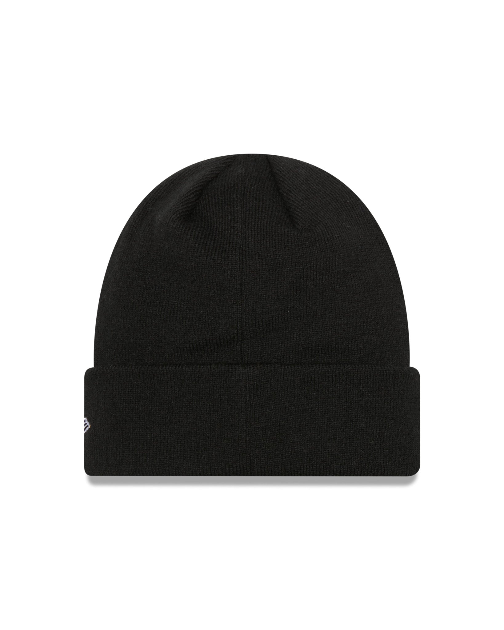 New York Yankees Team Black Beanie Hat, front view with a turn-up cuff featuring a small embroidered New Era flag logo on the left side, showcasing a simple and classic knitted design.