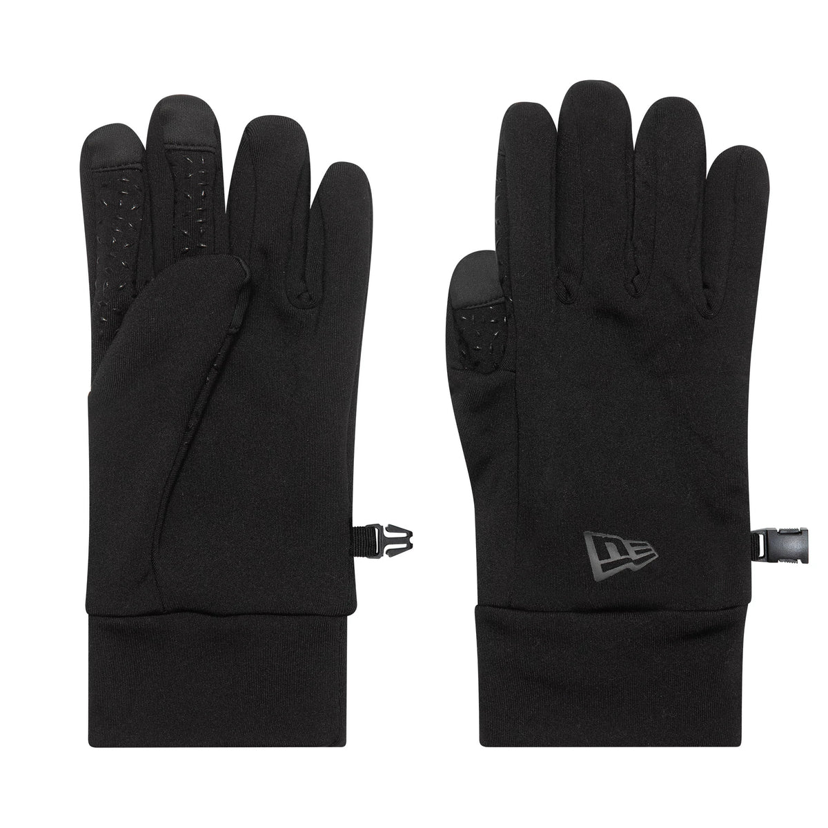 New Era Etouch Black Gloves, front view showing both gloves with rubberised grip pattern on the fingers, elasticated cuffs and a black New Era flag logo on the right glove near the wrist.