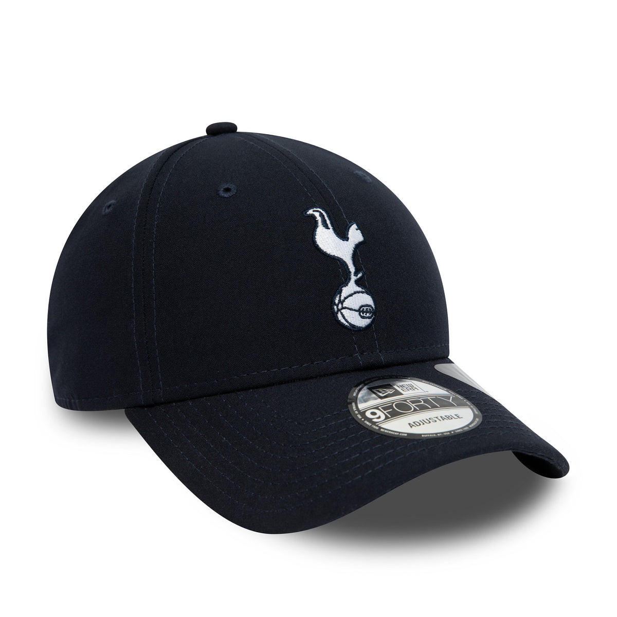 Tottenham Hotspur Repreve Navy New Era 9FORTY Adjustable Cap, three-quarter view showing the white embroidered cockerel logo on the front panel, with a curved visor and the 9FORTY size sticker on top.