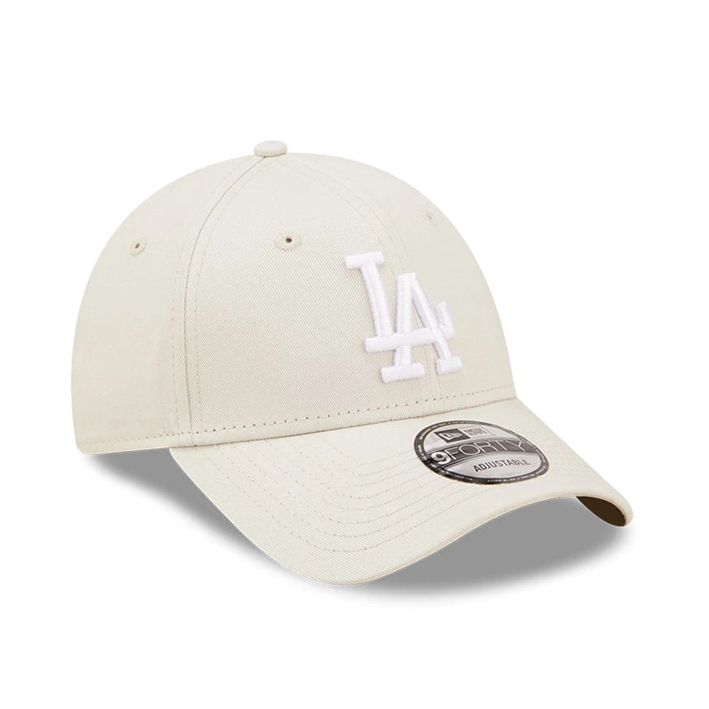 LA Dodgers League Essential Stone New Era 9FORTY Adjustable Cap, three-quarter view showing raised white LA logo embroidery on front panel, curved stone visor, and 9FORTY size sticker.