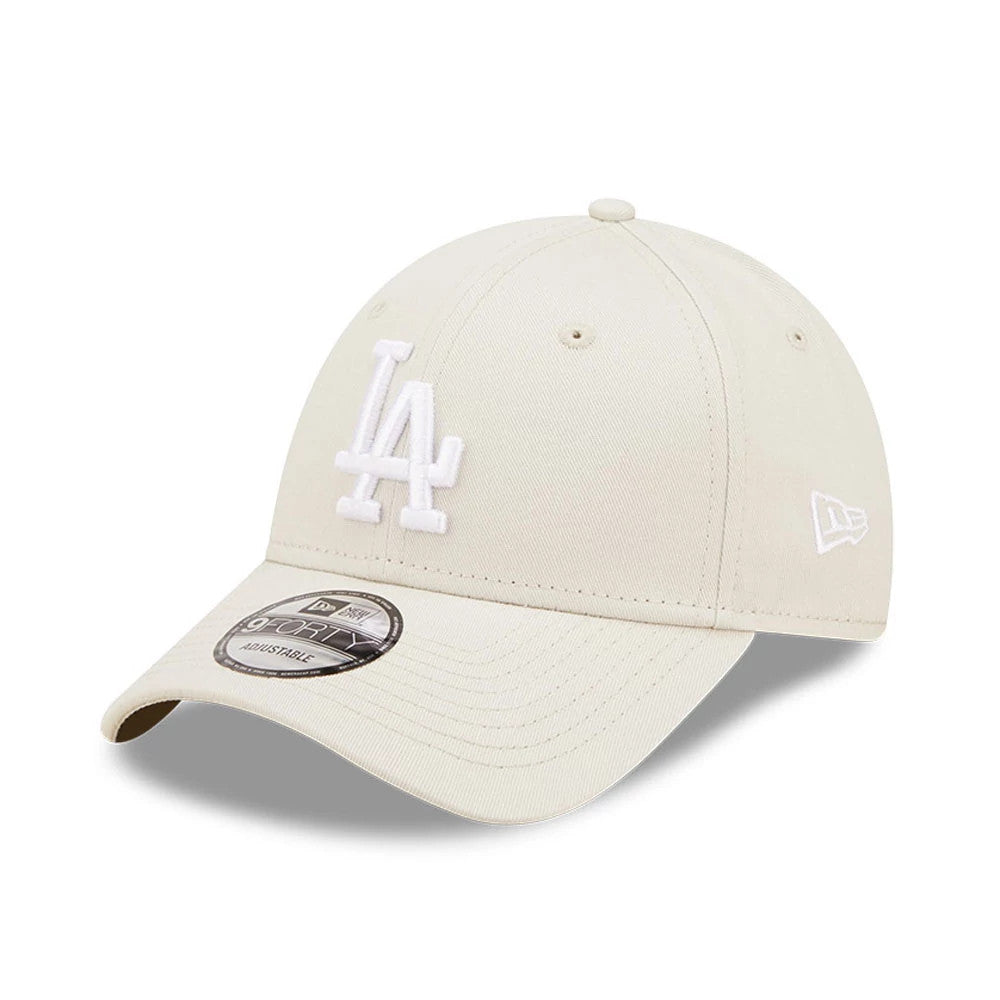 LA Dodgers League Essential Stone New Era 9FORTY Adjustable Cap, front view showing raised white LA logo embroidery on the structured stone crown, with white New Era flag logo on the left side and 9FORTY size sticker on the visor.