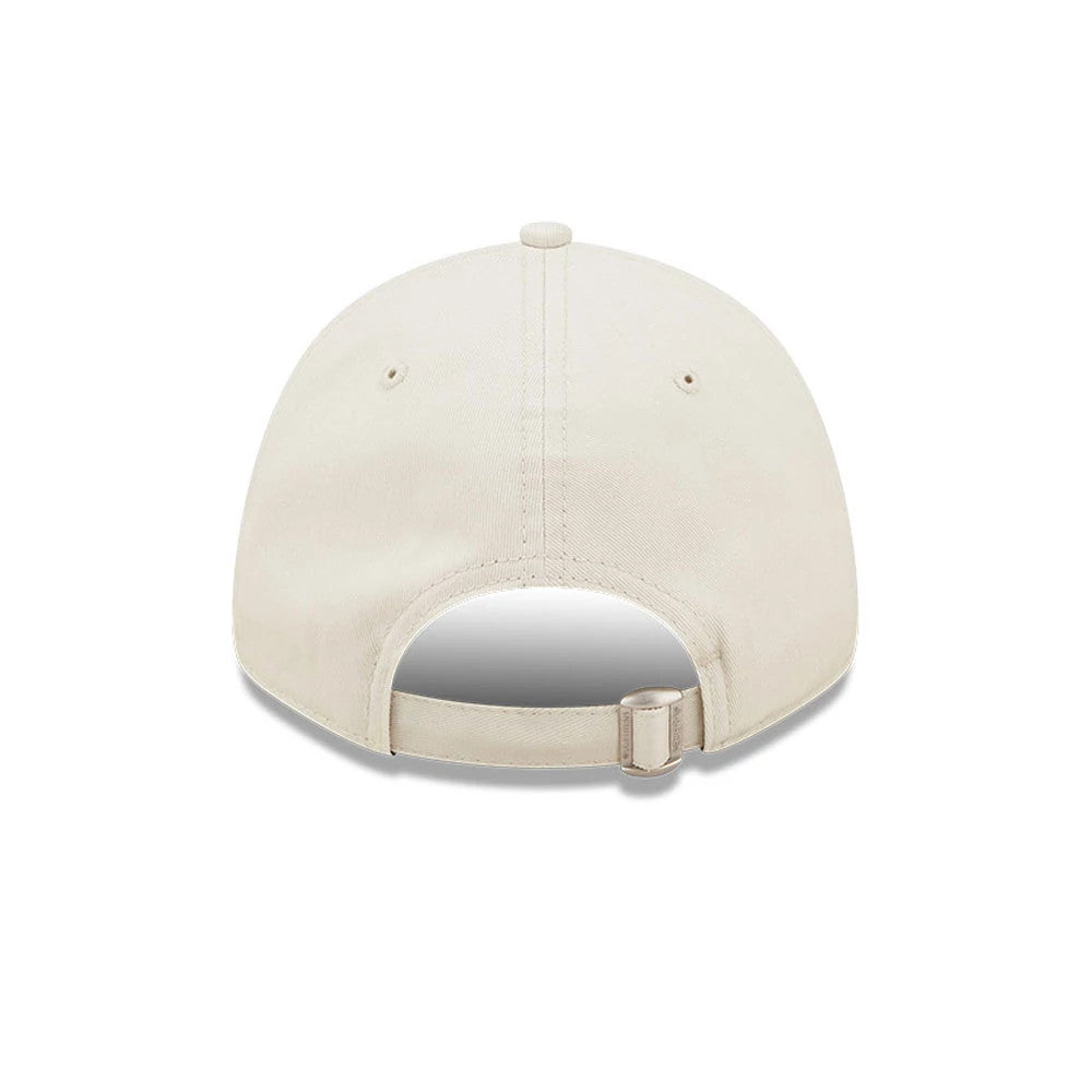LA Dodgers League Essential Stone New Era 9FORTY Adjustable Cap, rear view showing the curved back opening with an adjustable strap and metal buckle, set on the soft stone-coloured structured crown.