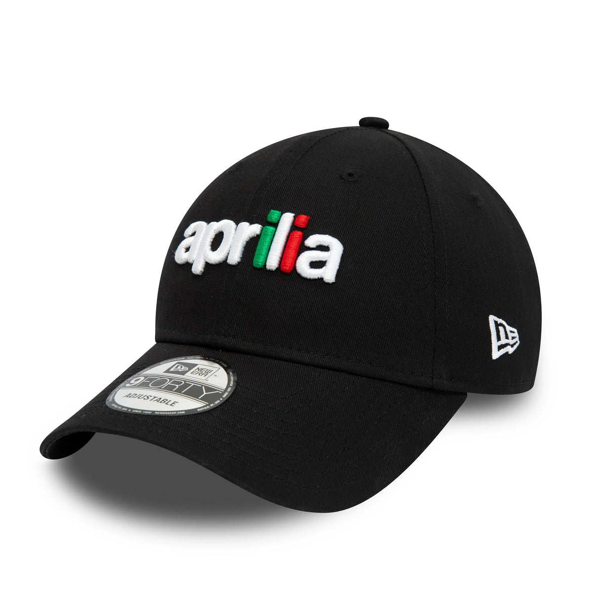 Aprilia Essentials Black New Era 9FORTY Adjustable Cap, front view with white, green and red embroidered Aprilia logo, curved visor and 9FORTY size sticker, showing the New Era flag logo on the left side.