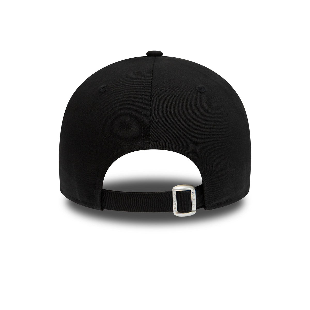 Aprilia Essentials Black New Era 9FORTY Adjustable Cap, rear view showing the curved black visor, adjustable strap with metal buckle, and a structured black crown with a central top button.