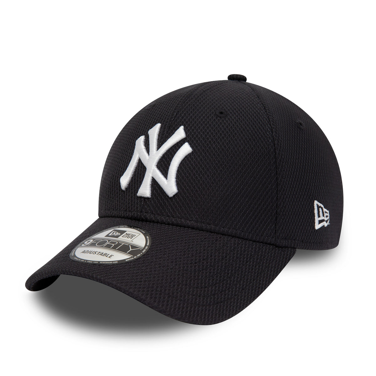 New York Yankees Diamond Era Essential Navy New Era 9FORTY Adjustable Cap, three-quarter view showing raised white NY logo on the front panel, black curved visor with 9FORTY size sticker, and New Era flag logo in white on the left side.
