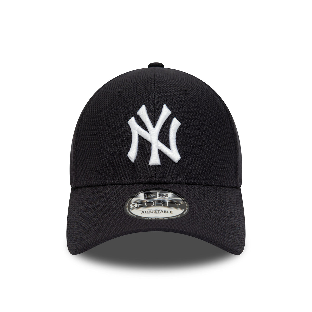 New York Yankees Diamond Era Essential Navy New Era 9FORTY Adjustable Cap, front view showing the raised white embroidered NY logo on the structured navy crown, with a 9FORTY size sticker on the curved visor.