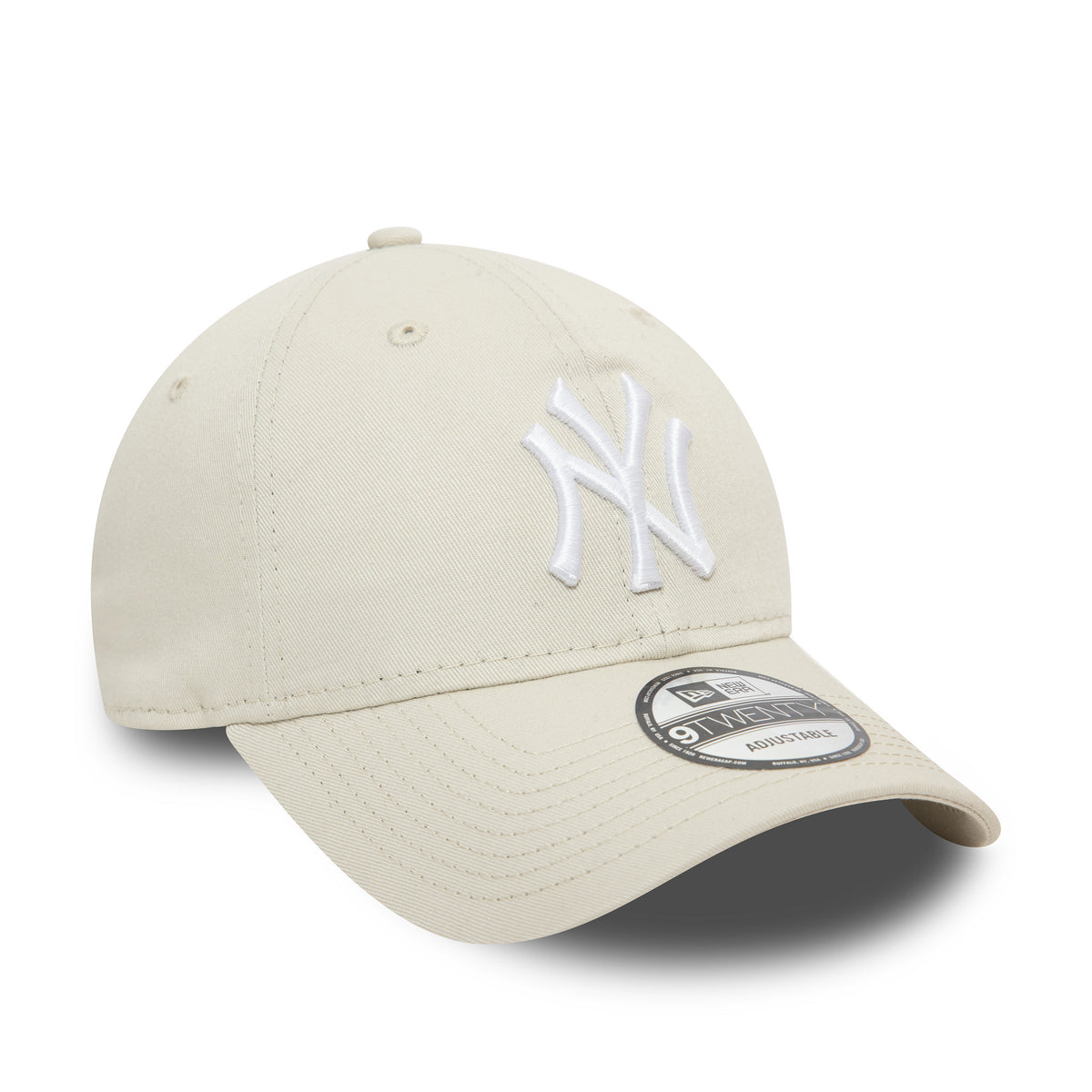 New York Yankees League Essential Stone New Era 9TWENTY Adjustable Cap, three-quarter view showing the white raised embroidered NY logo on the front panel, with a 9TWENTY size sticker on the curved stone visor.