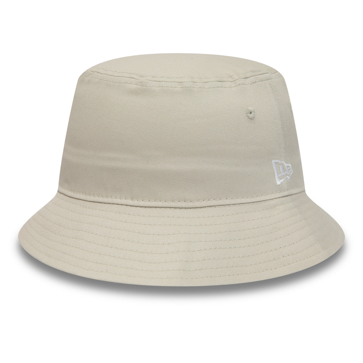 New Era Essential Tapered Stone Bucket Hat, side view showing the white embroidered New Era flag logo on the left side, with a soft rounded crown and a wide downsloping brim in stone colour.