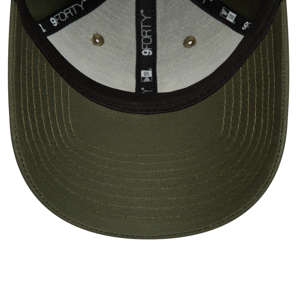 New York Yankees Womens League Essential Dark Green New Era 9FORTY Adjustable Cap, inside view showing black taping with white 9FORTY text, a dark-coloured sweatband, and a dark green undervisor with circular stitching.