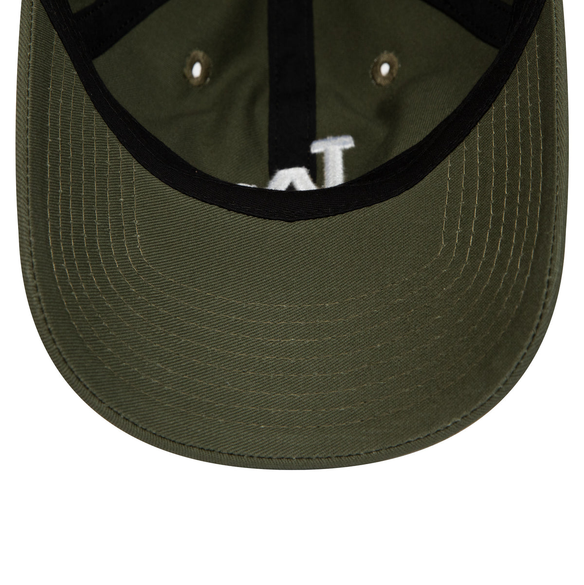 LA Dodgers League Essential Green New Era 9TWENTY Adjustable Cap, inside view showing black internal taping, green undervisor, black sweatband, and white stitching with eyelets on the structured crown.