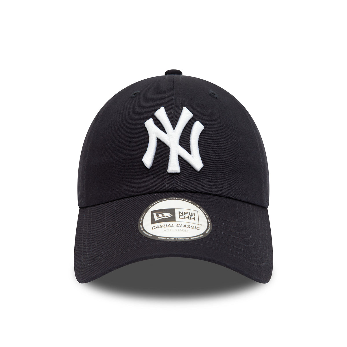 New York Yankees League Essential Navy New Era 9TWENTY Adjustable Cap, front view with raised white NY logo embroidered on the front panel and a 9TWENTY size sticker on the curved navy visor.