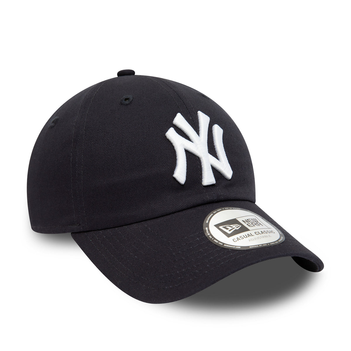 New York Yankees League Essential Navy New Era 9TWENTY Adjustable Cap, front view showing the white raised embroidered NY logo on the front panel and a 9TWENTY size sticker on the curved visor.