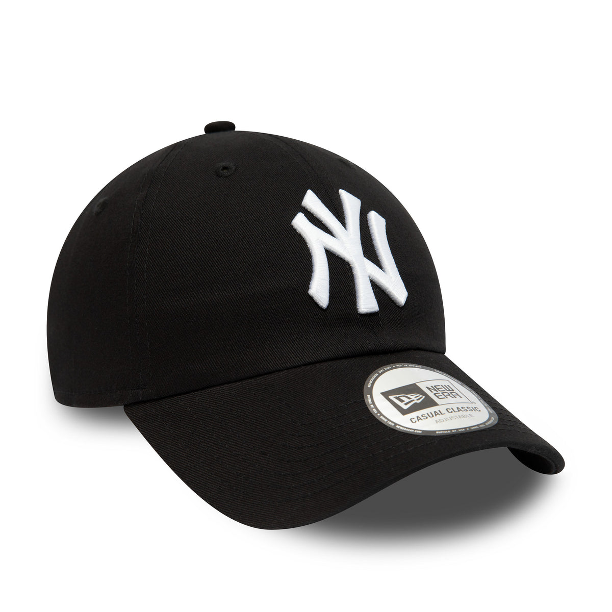 New York Yankees League Essential White On Black New Era 9TWENTY Adjustable Cap, front view showing the white embroidered NY logo on the front panel and a 9TWENTY size sticker on the curved visor.