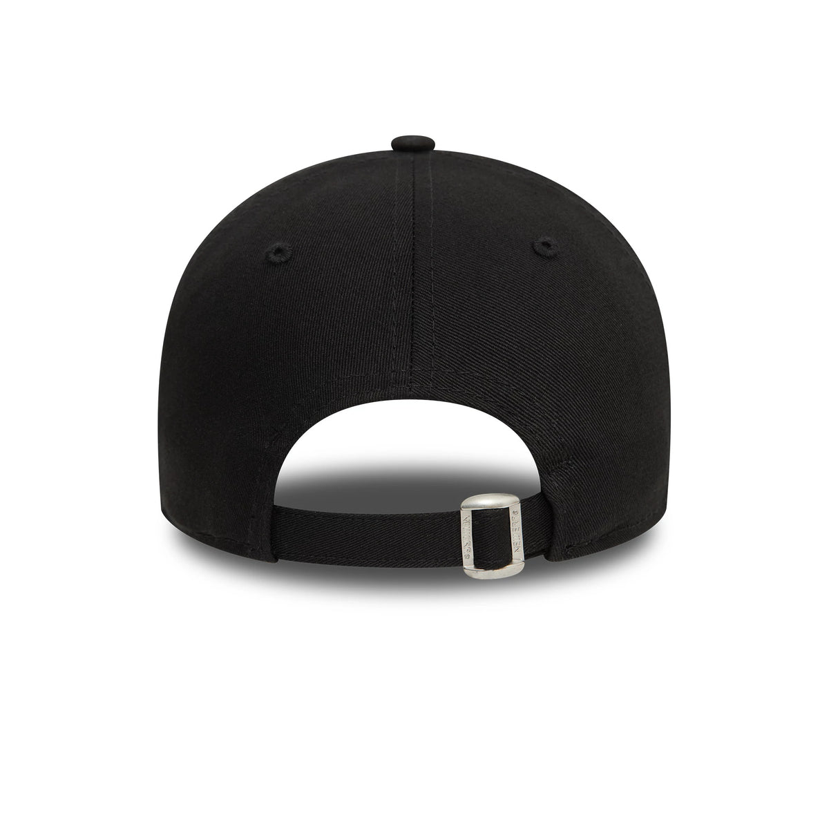 New York Yankees League Essential White On Black New Era 9TWENTY Adjustable Cap, rear view showing a silver adjustable buckle against the curved black crown, featuring black embroidered eyelets and a top button.