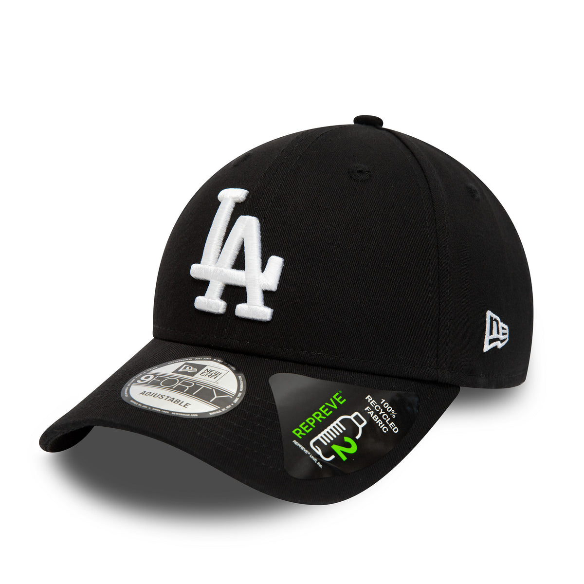 LA Dodgers Repreve League Essential Black New Era 9FORTY Adjustable Cap, three-quarter view showing the raised white LA logo on the front panel, black curved visor with a 9FORTY size sticker, and the New Era flag logo on the left side.