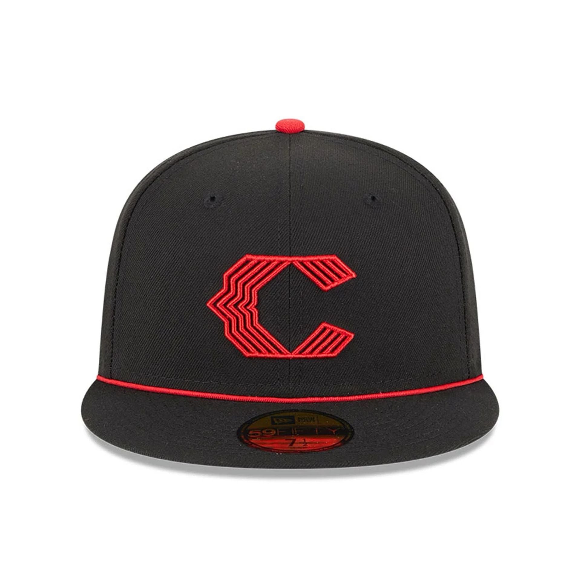 This is a Cincinnati Reds MLB City Connect 2025 Black 59FIFTY Fitted Cap 2