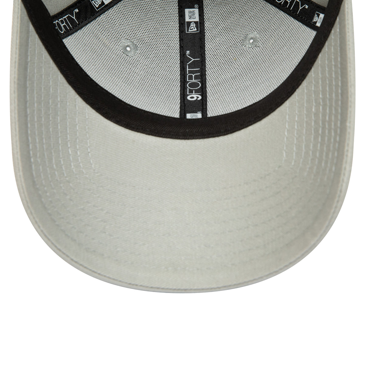 Red Bull Essential Grey New Era 9FORTY Adjustable Cap, inside view showing black taping with 9FORTY branding, a black sweatband, and a grey undervisor, with centre stitching on the interior crown.