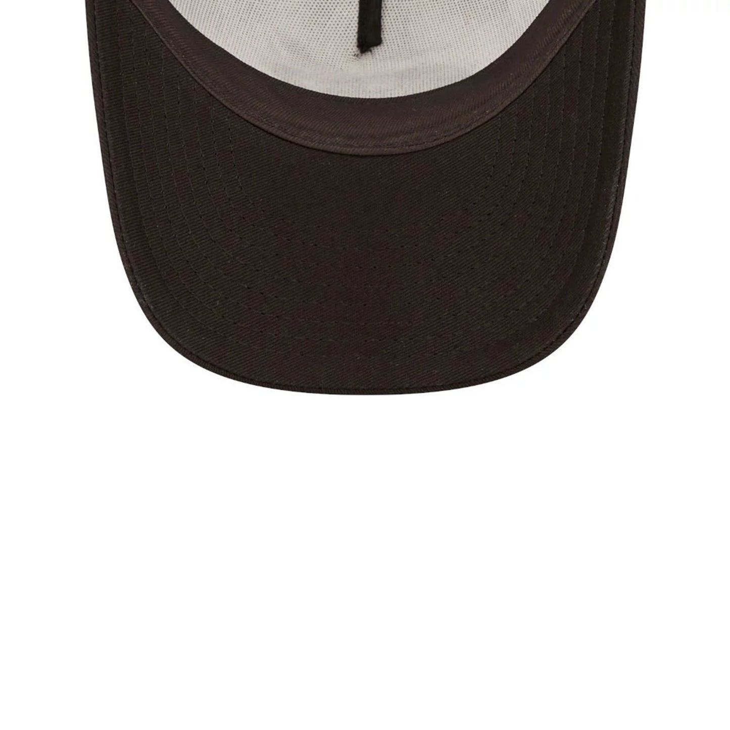 Child DC Batman White New Era 9FORTY A-Frame Trucker Adjustable Cap, inside view showing the black sweatband, white taping and the underside of the visor with a 9FORTY size sticker.