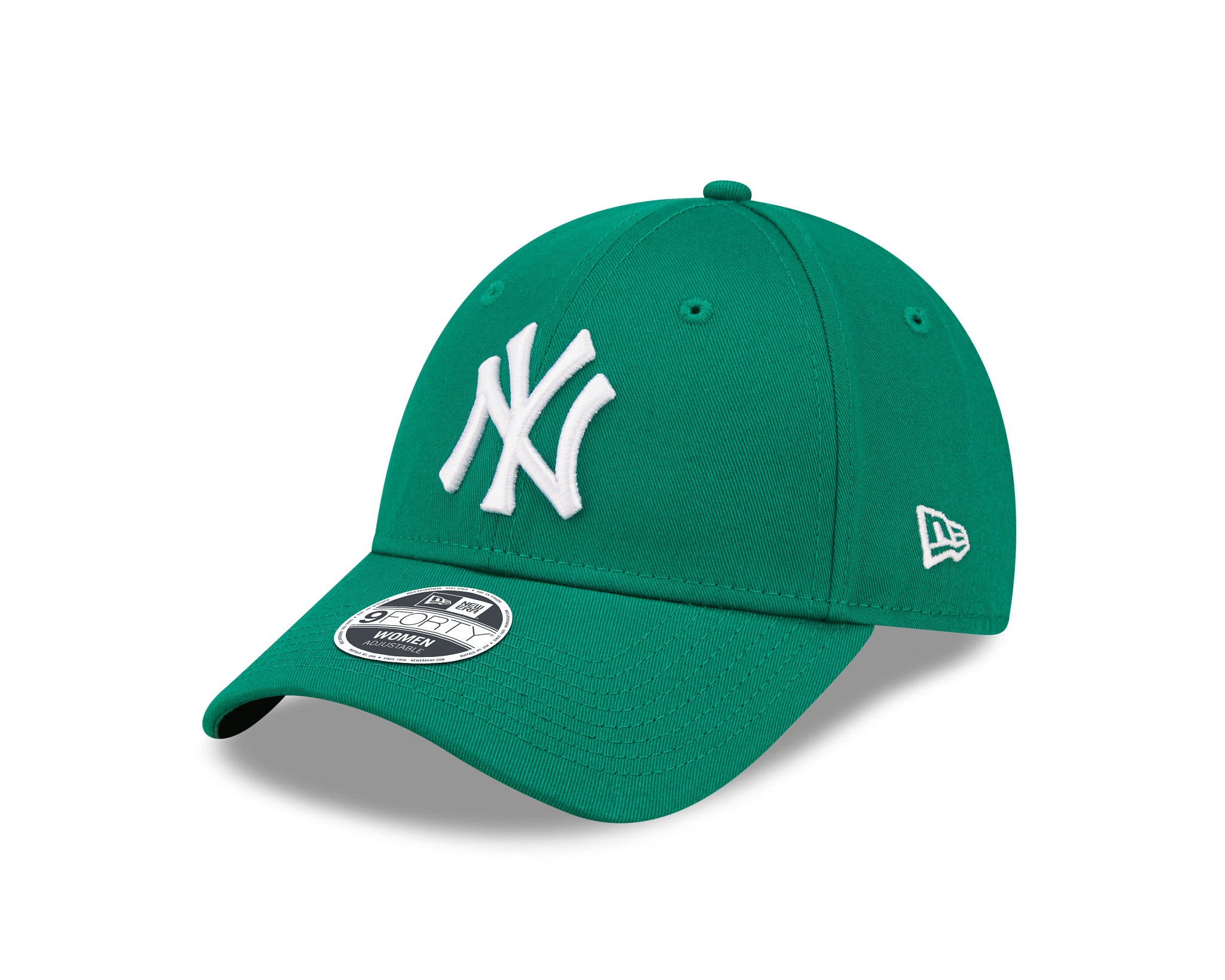New York Yankees Womens League Essential Green New Era 9FORTY Adjustable Cap, three-quarter view showing raised white NY logo on front panel, green curved visor with 9FORTY size sticker, and white New Era flag logo on the left side.