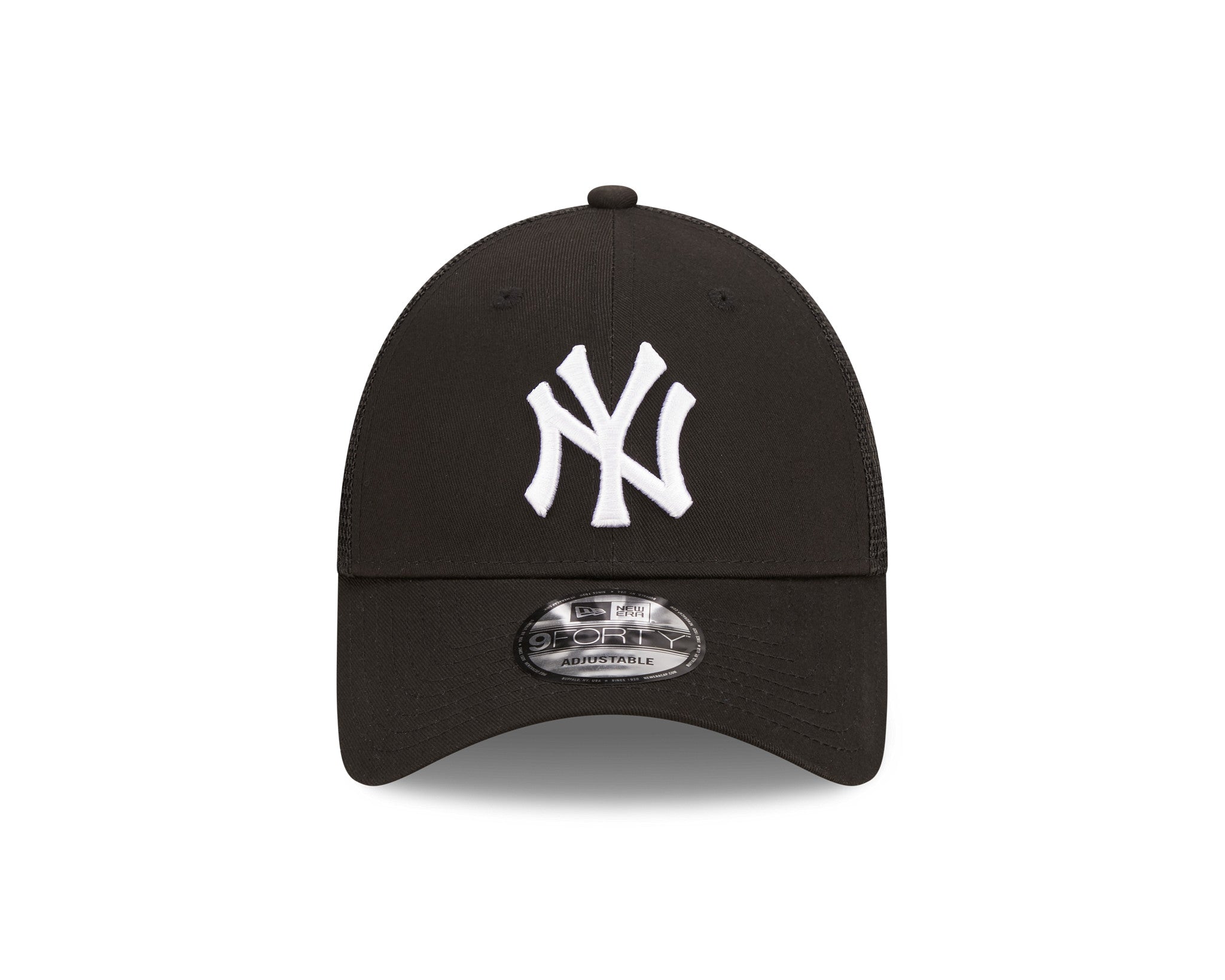New York Yankees Home Field Black New Era 9FORTY A-Frame Trucker Cap, front view showing the raised white embroidered NY logo on the structured black front panel, with a curved black visor and a 9FORTY size sticker.
