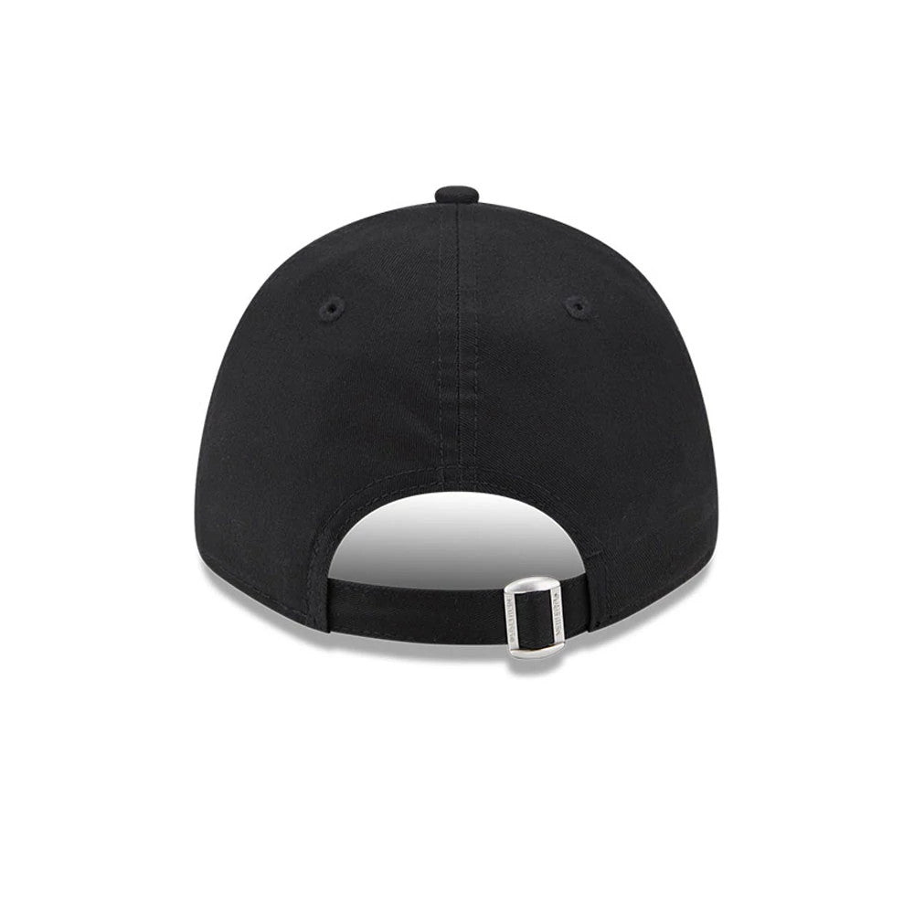 AC Milan Black New Era 9FORTY Adjustable Cap, rear view showing a metal buckle closure on the adjustable strap, centred on the black structured crown with a plain back panel design.