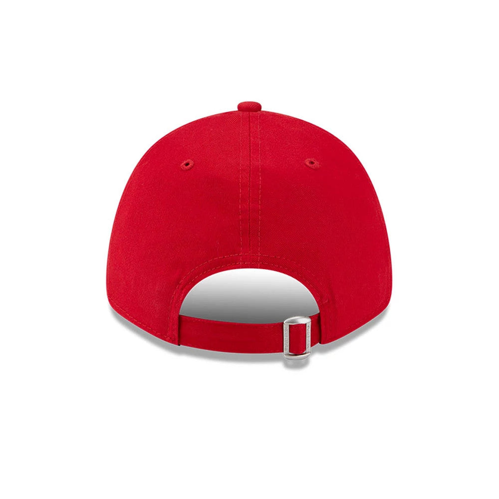 AC Milan Red New Era 9FORTY Adjustable Cap, rear view featuring a metallic adjustable strap buckle centred above the open back, with matching red eyelets and top button on the structured crown.