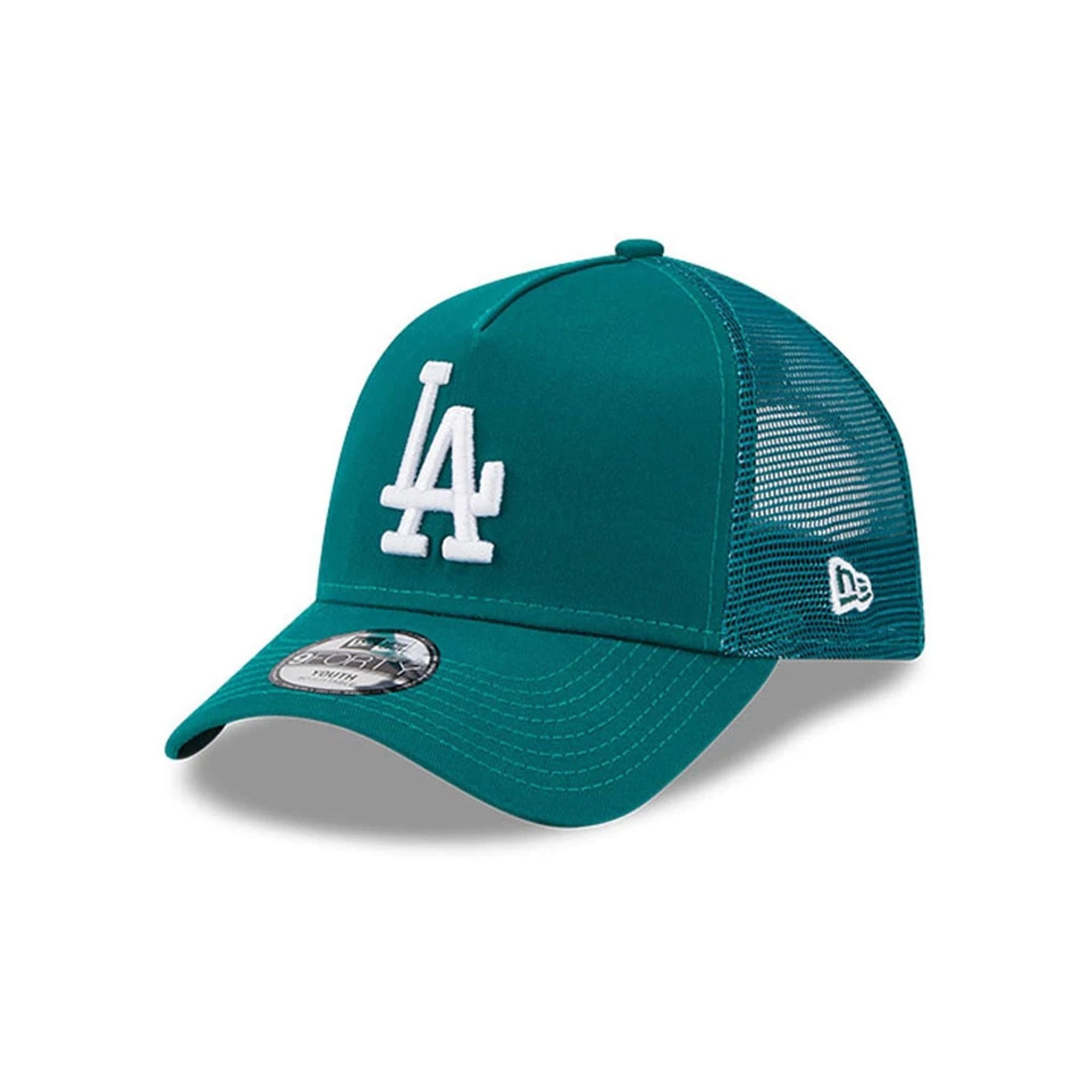 This is a Youth MLB League Essential LA Dodgers Teal 9FORTY Trucker Cap 1