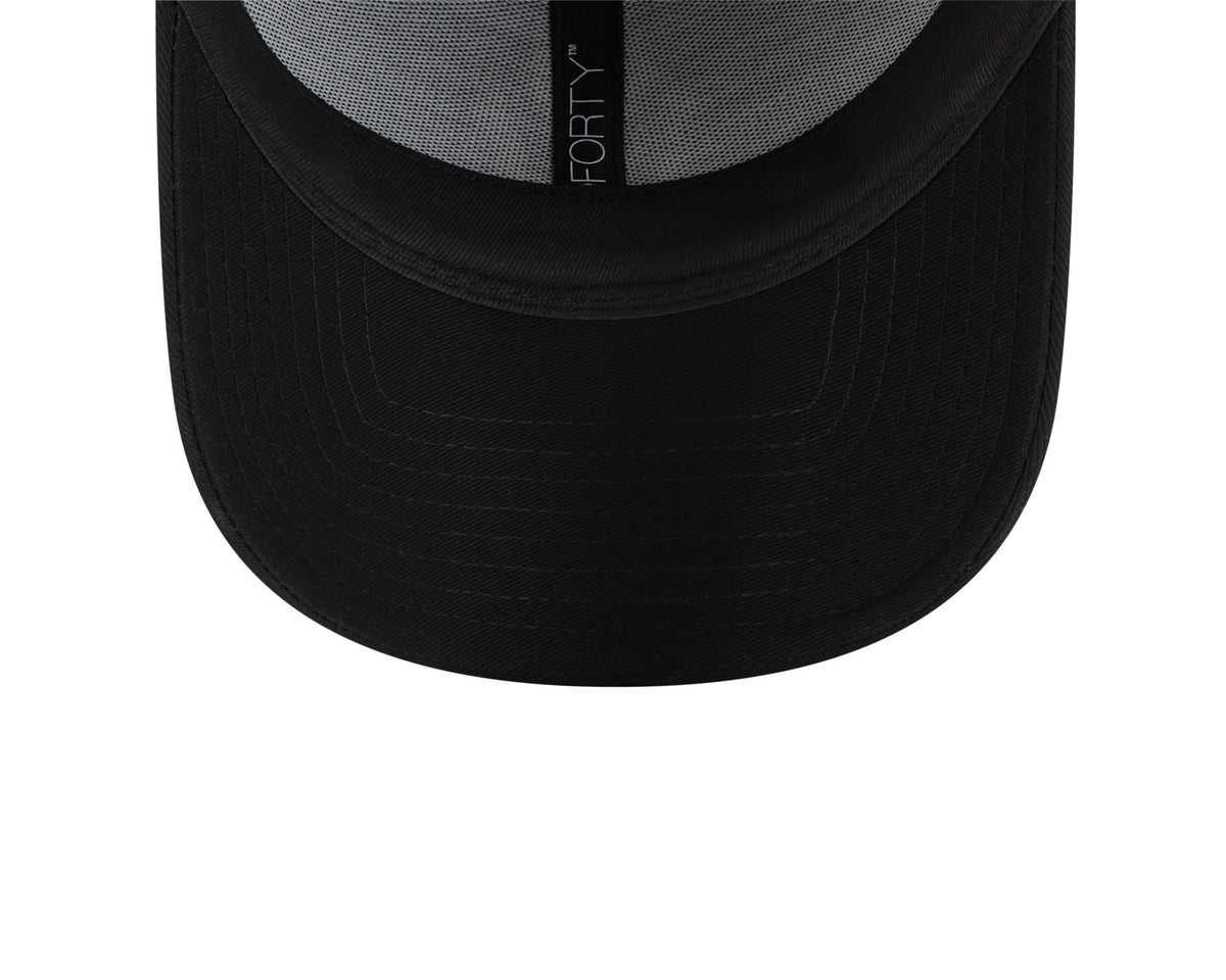 New York Yankees Metallic Logo Womens Black New Era 9FORTY Adjustable Cap, inside view showing a black sweatband, grey panel taping with 9FORTY branding, and stitching on the black undervisor.
