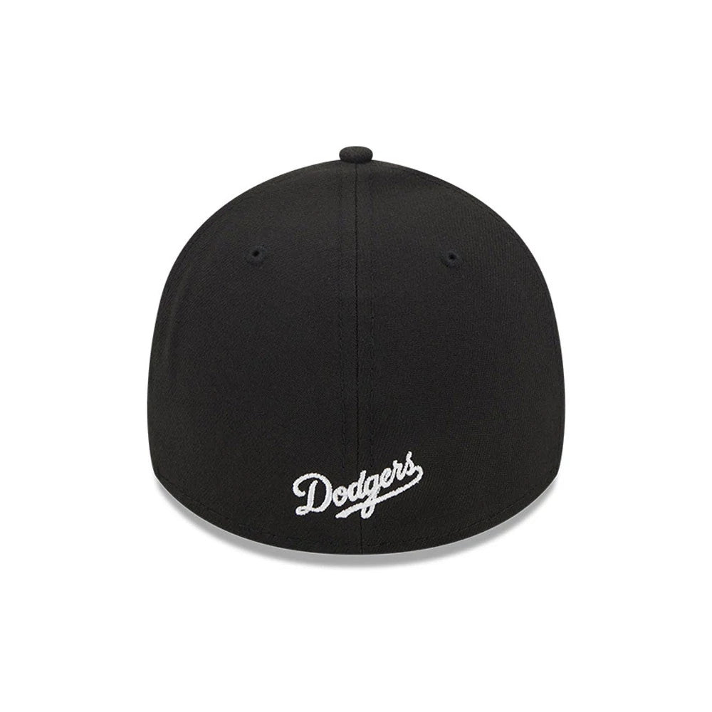LA Dodgers MLB Evergreen Black New Era 39THIRTY Stretch Fit Cap, rear view showing white embroidered Dodgers script logo centred on the structured black crown beneath the top button and eyelets.