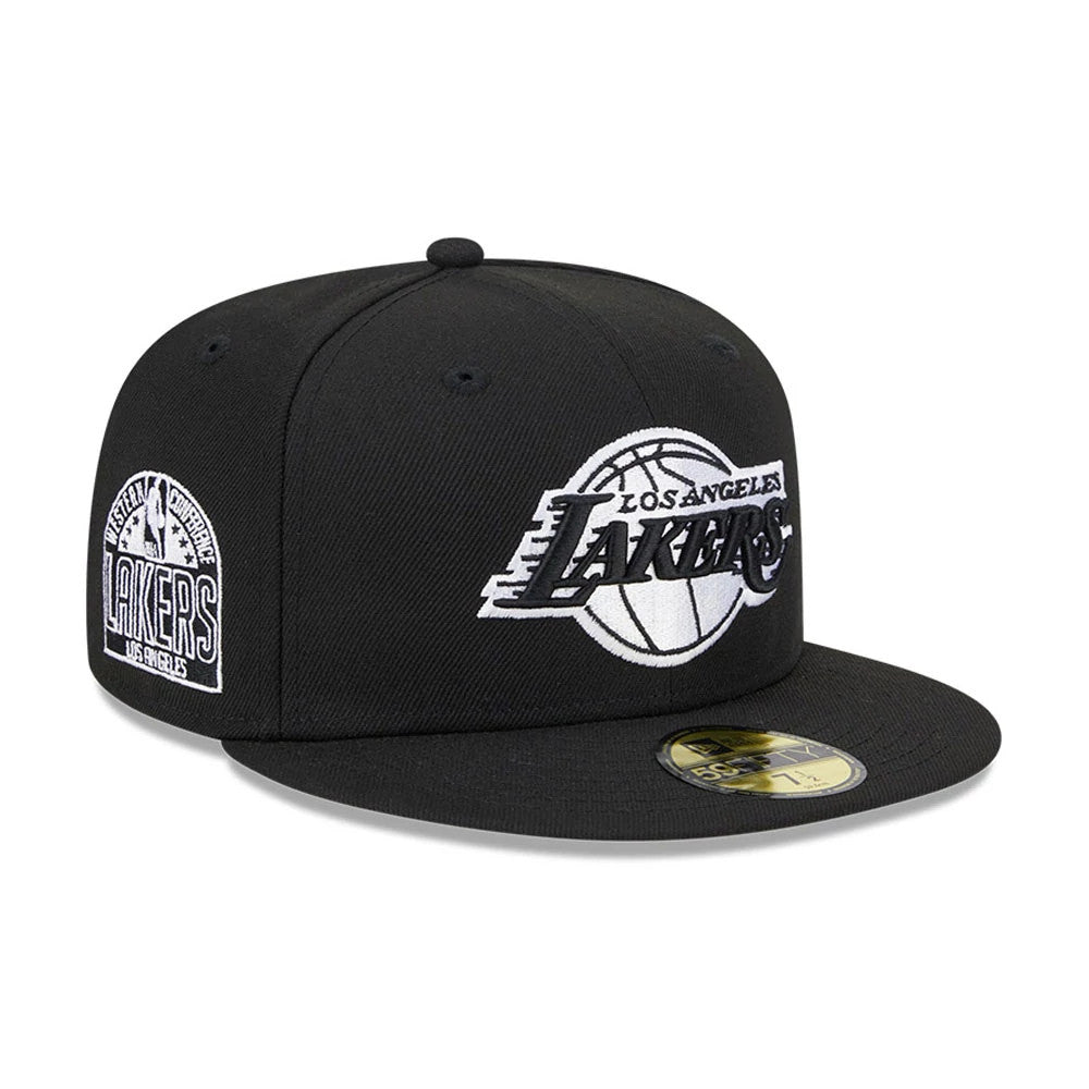 LA Lakers NBA Evergreen Black New Era 59FIFTY Fitted Cap, three-quarter view showing a raised white embroidered Lakers logo on the front panel, a white Western Conference patch on the left side, and a gold 59FIFTY size sticker on the visor.